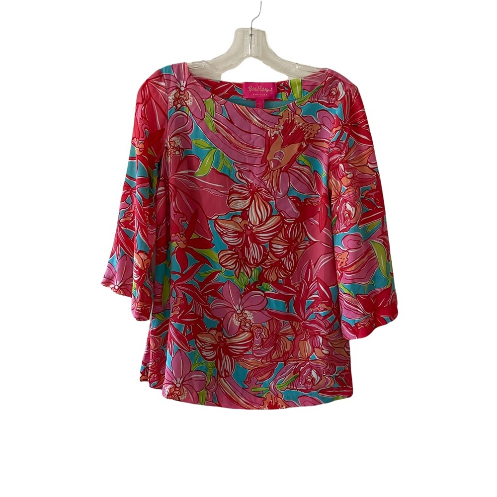 Lilly Pulitzer Jubilee Silk Pink Floral 3/4th Sleeve Blouse 2